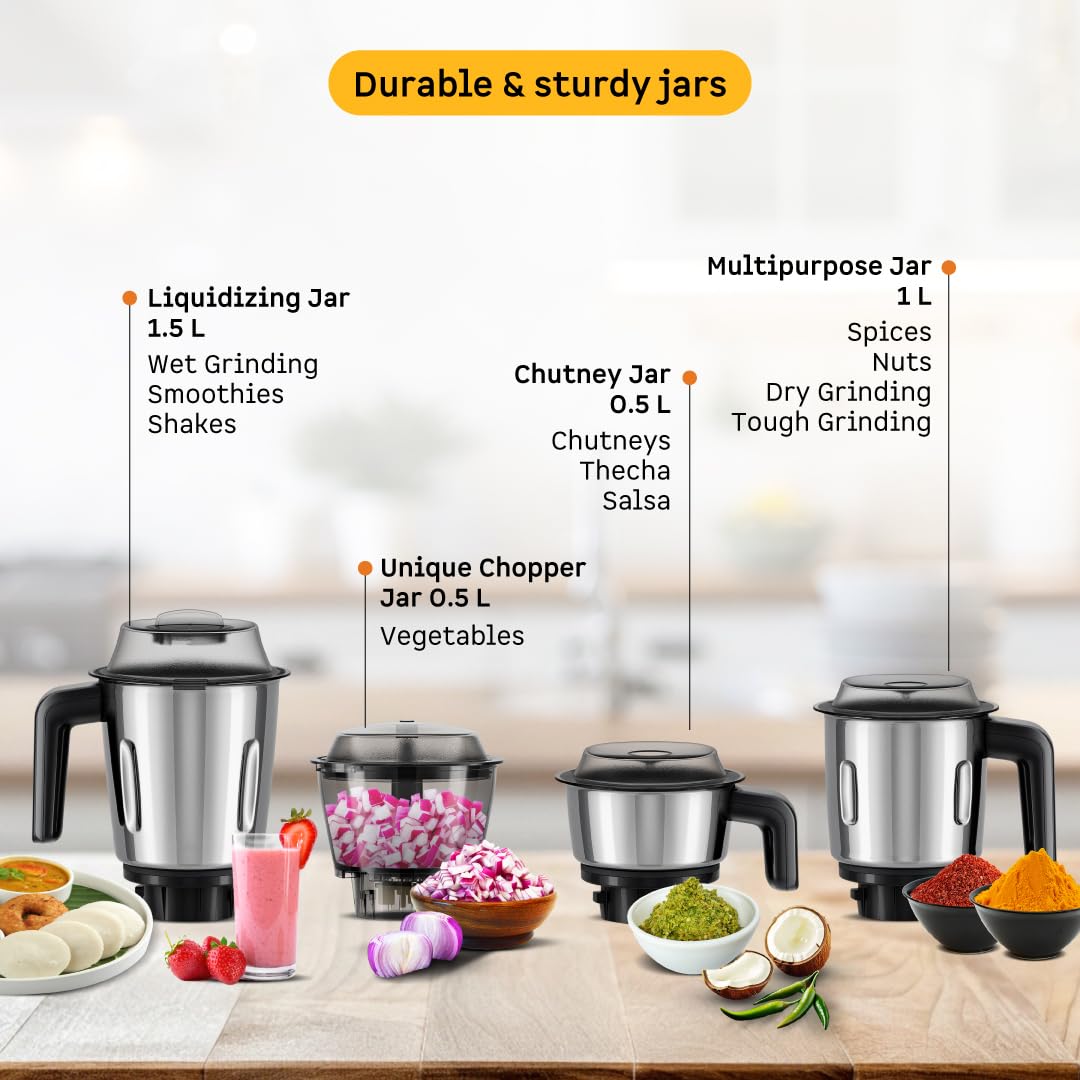 Atomberg Yulia Mixer Grinder | 750 W | 4 Multipurpose Jars including Chopper Jar | Advanced Safety Features |