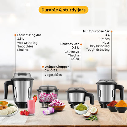 Atomberg Yulia Mixer Grinder | 750 W | 4 Multipurpose Jars including Chopper Jar | Advanced Safety Features |