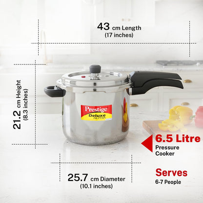 Prestige Stainless Steel Deluxe Alpha Pressure Cooker | 6.5 L | Outer Lid | 10 Year Warranty |