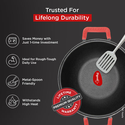 Pigeon Imperi Cast Iron Kadai with Glass Lid | Naturally Nonstick | Pre-Seasoned Kadai | Toxin Free |