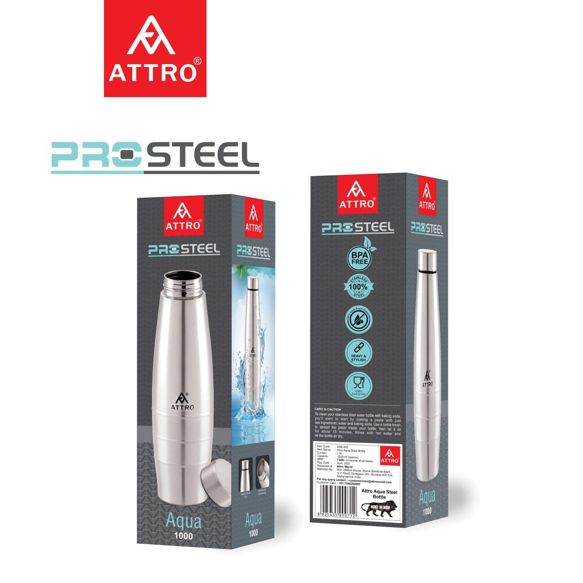 Attro Stainless Steel Water Bottle | 1000 ml | Silver | Wide Mouth |