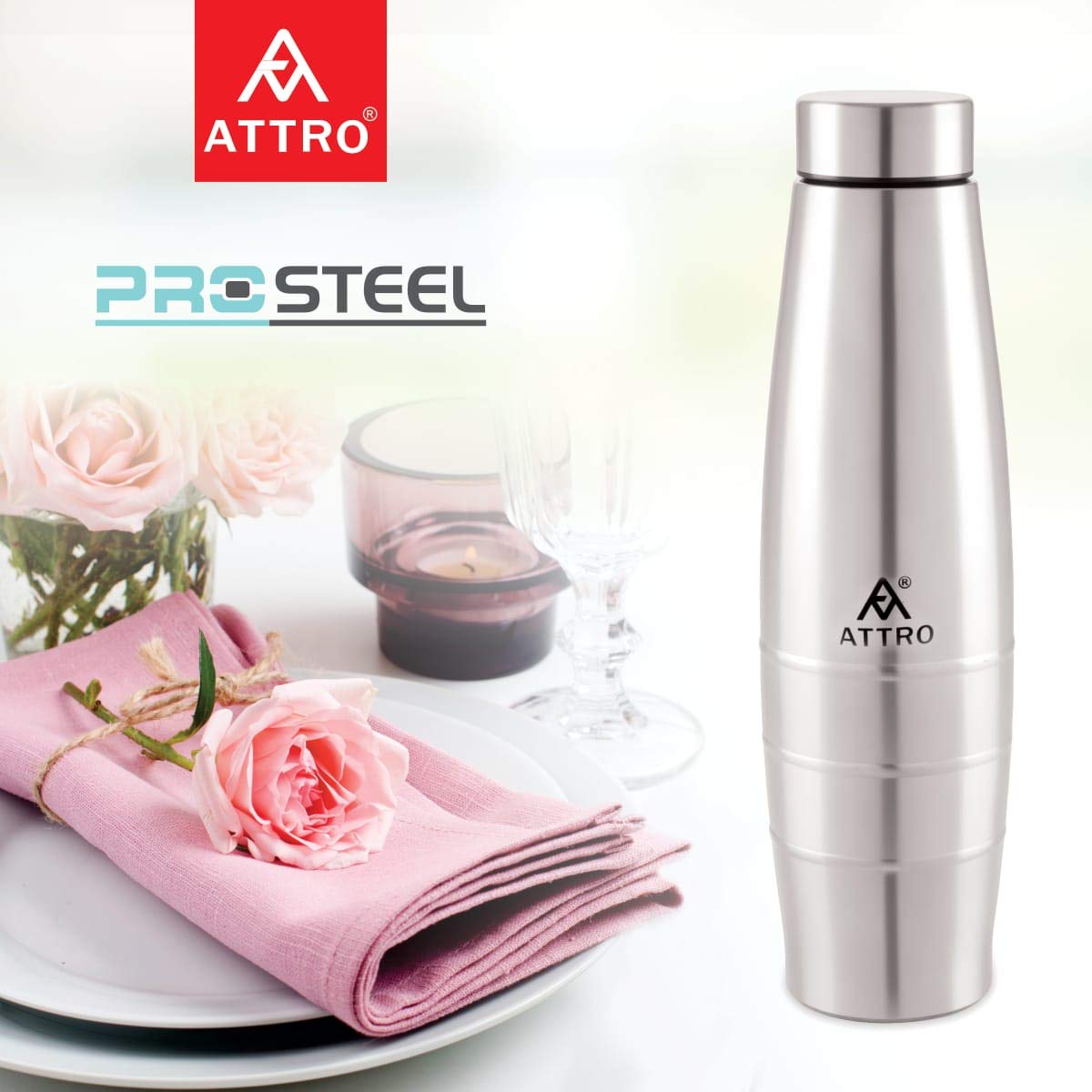 Attro Stainless Steel Water Bottle | 1000 ml | Silver | Wide Mouth |
