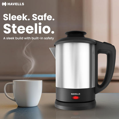 Havells Steelio Electric Kettle | 1250 W | 1 L Capacity | Rust Resistant 304 Stainless Steel Tank |