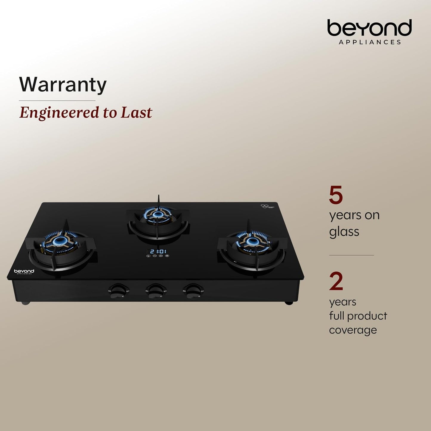 Beyond Appliances Auriga Pro 3-Burner  Auto Ignition | Smart Digital Timer | 5D Full Brass Burners |