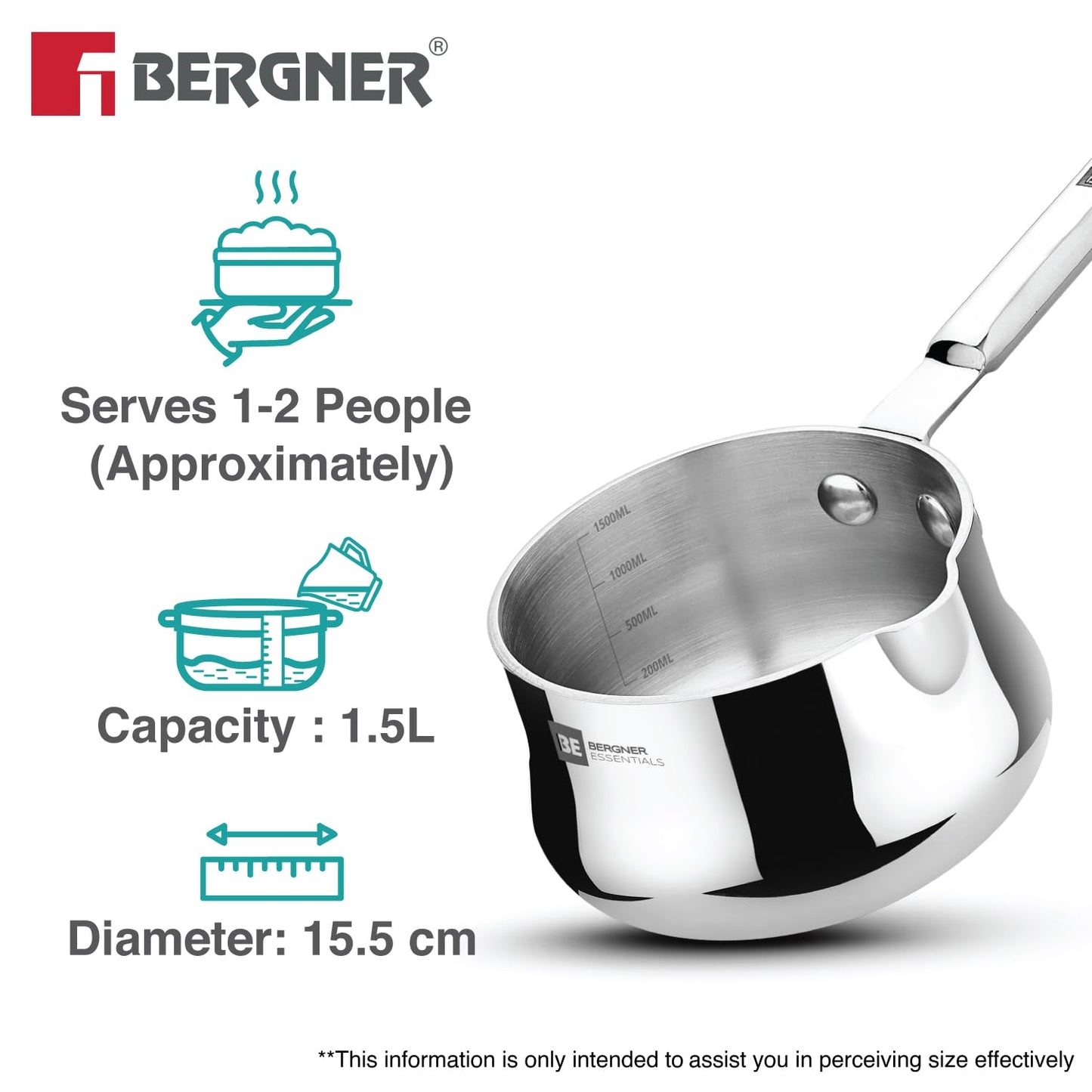 Bergner BE Triply Stainless Steel Tea,Coffee & Milk Warmer | 1.5L | Fast Heating, Durable & Easy to Clean |
