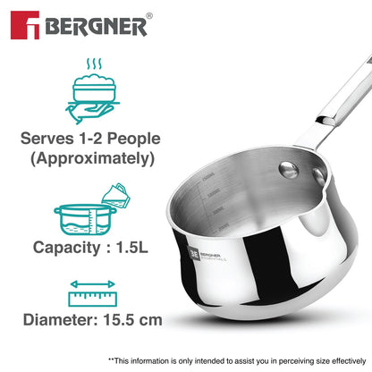 Bergner BE Triply Stainless Steel Tea,Coffee & Milk Warmer | 1.5L | Fast Heating, Durable & Easy to Clean |