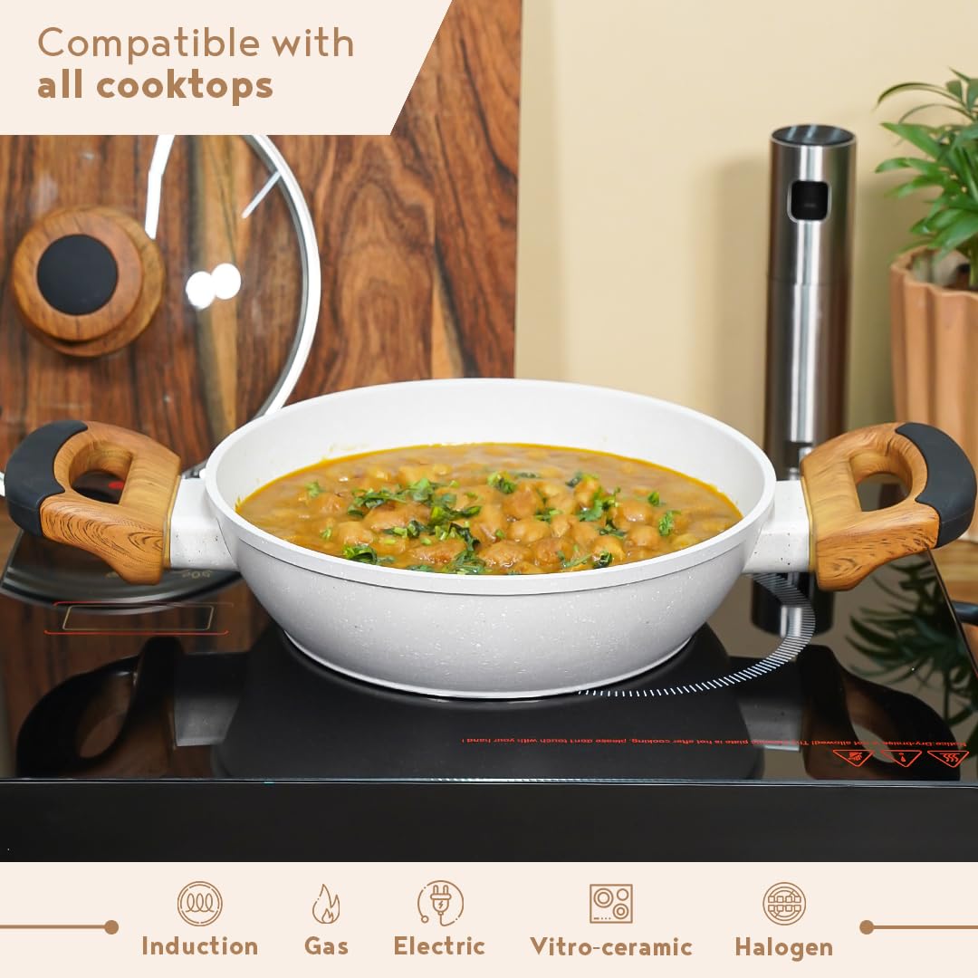 Bergner Naturally Forged Aluminum Kadai with Glass Lid | 28 cm | 3.3 Liters | Non-Stick |