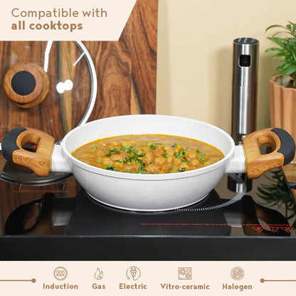 Bergner Naturally Forged Aluminum Kadai with Glass Lid | 28 cm | 3.3 Liters | Non-Stick |
