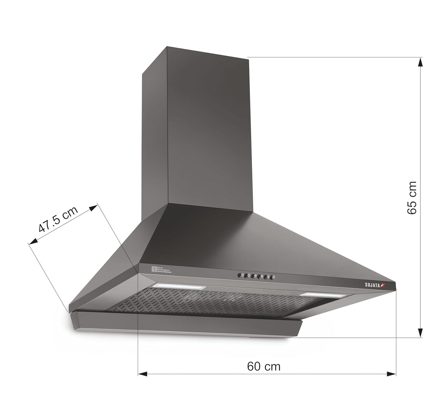 Sujata Onyx 60cm Chimney | 1250 m³/hr Powerful Suction | 200W Motor | Auto Clean Filterless Chimney for Home Kitchen |