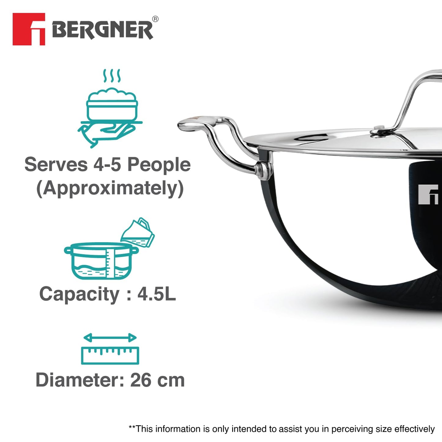 Bergner Argent Triply Deep Kadai with Stainless Steel Lid | Even Heat Distribution |