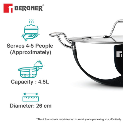 Bergner Argent Triply Deep Kadai with Stainless Steel Lid | Even Heat Distribution |