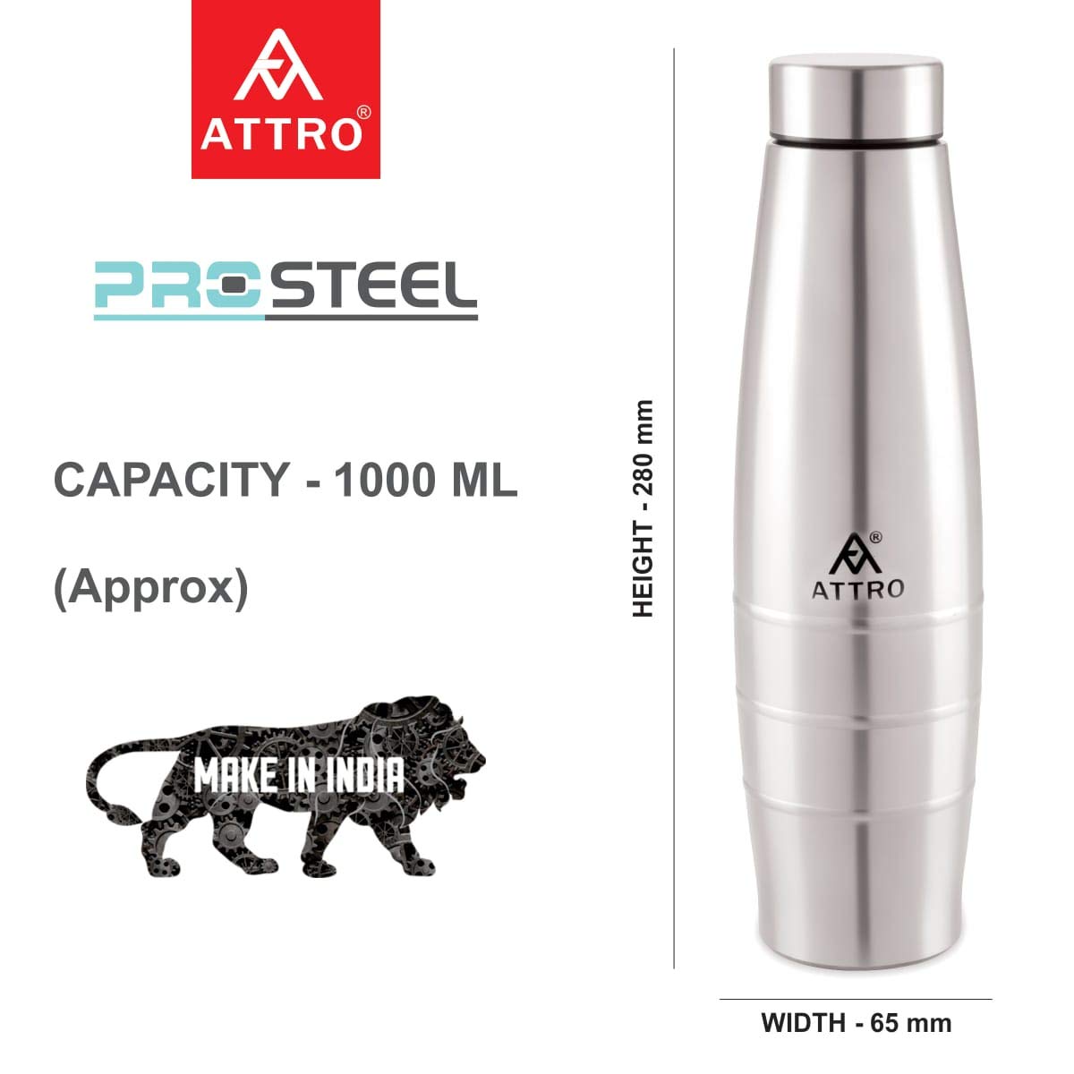 Attro Stainless Steel Water Bottle | 1000 ml | Silver | Wide Mouth |