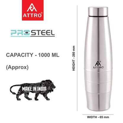 Attro Stainless Steel Water Bottle | 1000 ml | Silver | Wide Mouth |