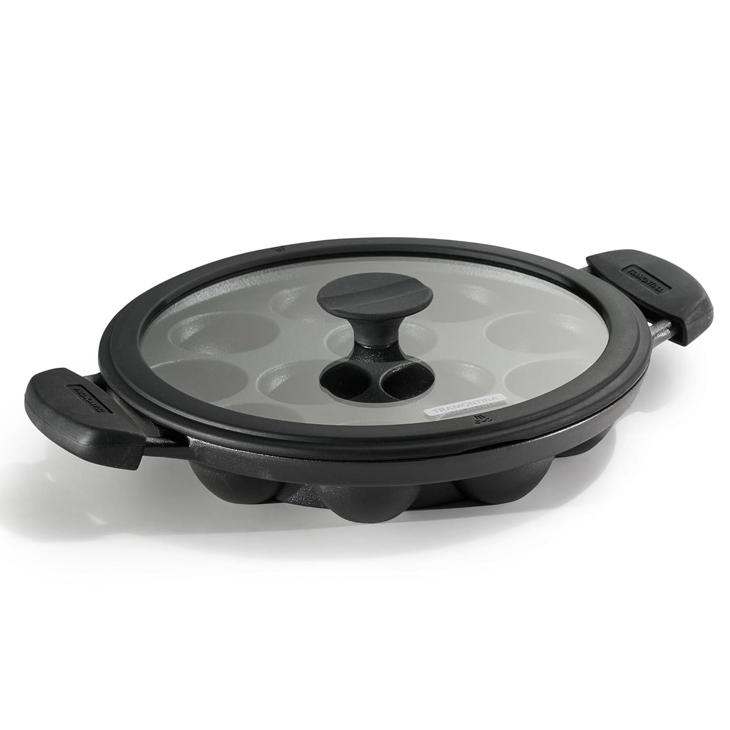 Tramontina Titanex Pre-Seasoned Cast Iron Paniyaram | 12 Pitx | 26 cm | Toughned Glass Lid |