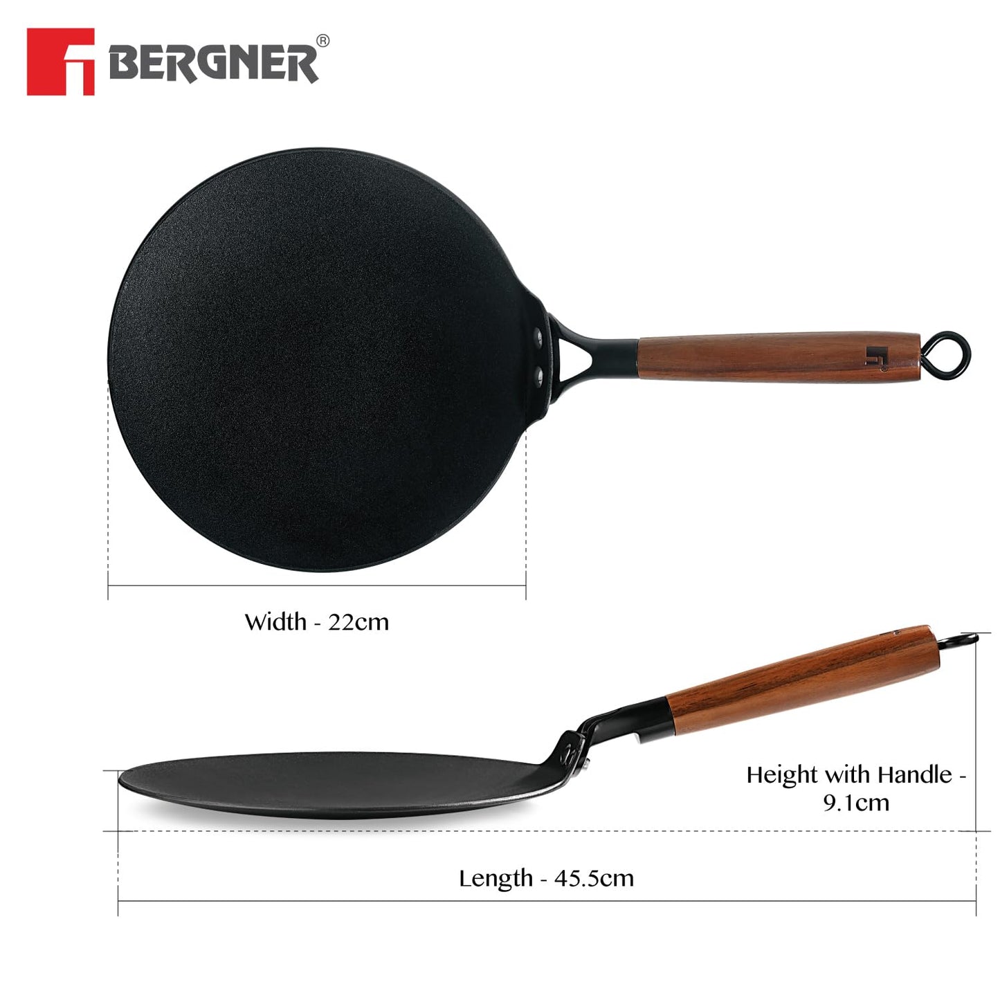 Bergner Odin Cast Iron roti Tawa with Wooden Coated Handle  | 22 cm | Lightweight |