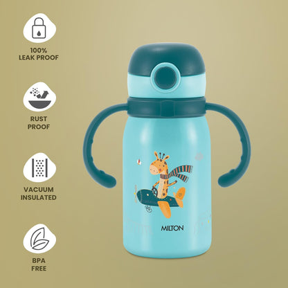 Milton Kiddo Thermosteel Water Bottle | 300ml | Spout Lid and Straw | Blue |
