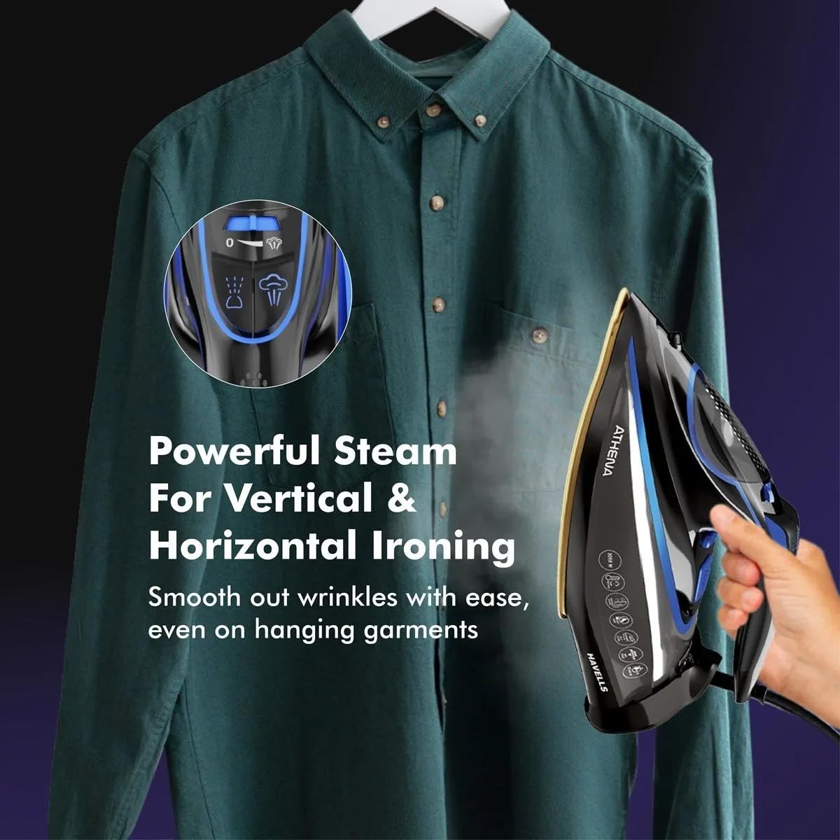 Havells Athena Steam Iron | Vertical & Horizontal Ironing | 3000 Watts | I-Sense Technology | Black & Blue |