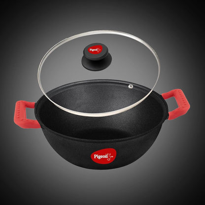Pigeon Imperi Cast Iron Kadai with Glass Lid | Naturally Nonstick | Pre-Seasoned Kadai | Toxin Free |