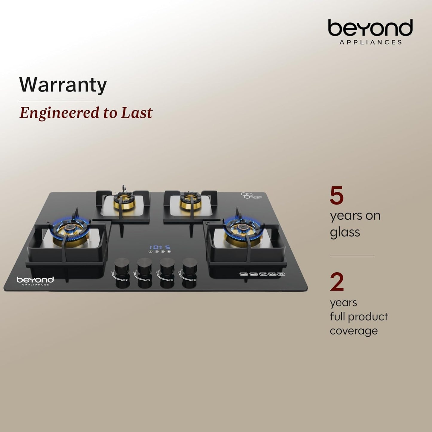 Beyond Appliances Dorado 4 Burner Smart Glass Hobtop Gas Stove | Auto Ignition | Digital Timer |