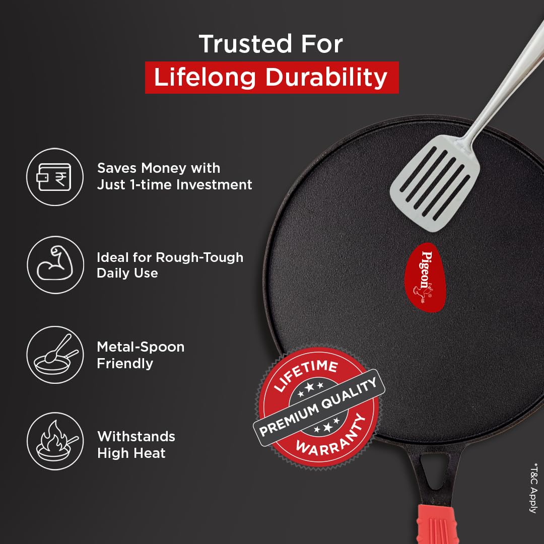 Pigeon Imperi Cast Iron Long Handle Tawa |  Pre-Seasoned with 100% Vegetable Oil | Naturally Non-Stick | Toxin Free |
