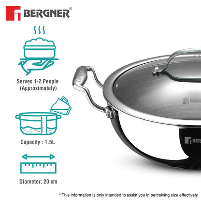 Bergner Hi-Tech Grio X Ceramic Kadai with Glass Lid | 20 cm | 1.5 Litres | Metal Spatula Safe |