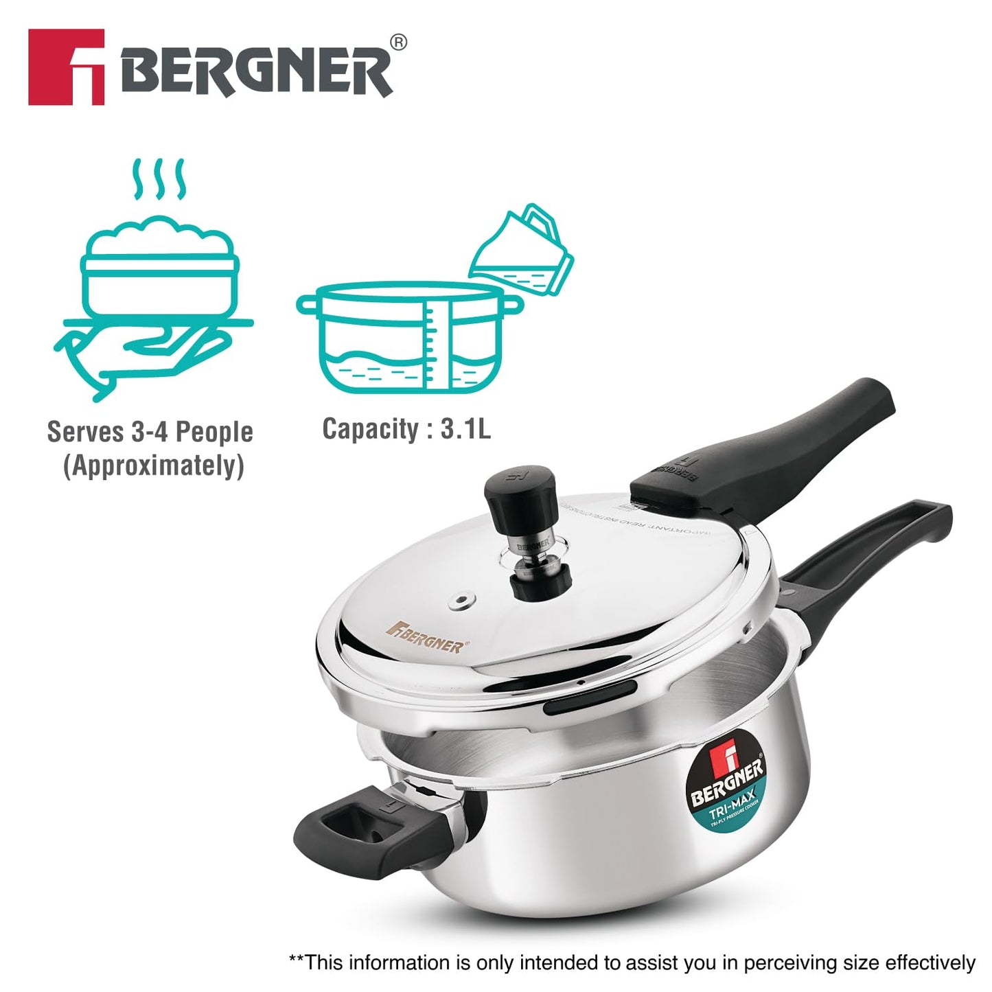 Bergner Trimax Stainless Steel Pressure Cooker | 3 Litre | Easy Locking |