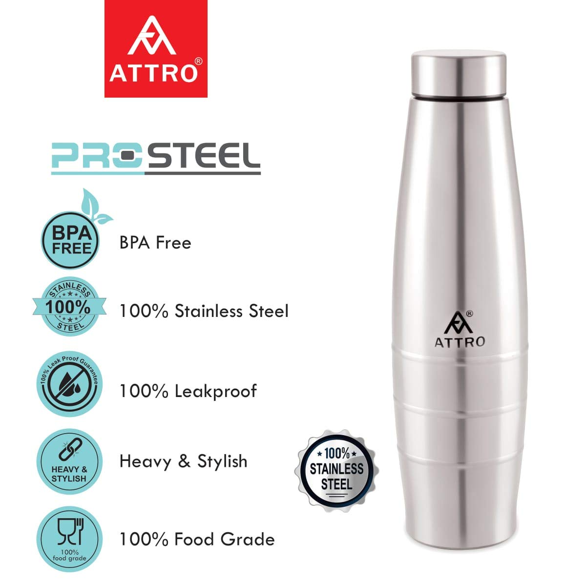 Attro Stainless Steel Water Bottle | 1000 ml | Silver | Wide Mouth |