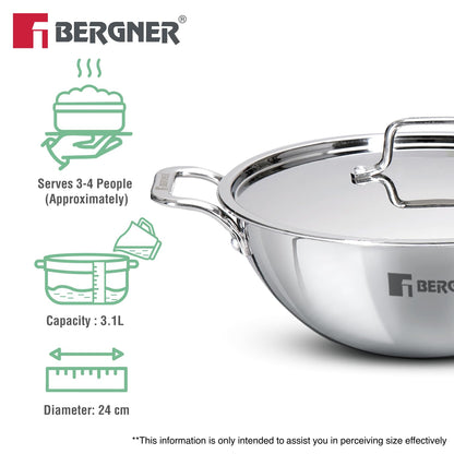 Bergner TriPro Triply Stainless Steel Kadai with Stainless Steel Lid | 24cm | Consumes Less Oil |Healthy Cooking |