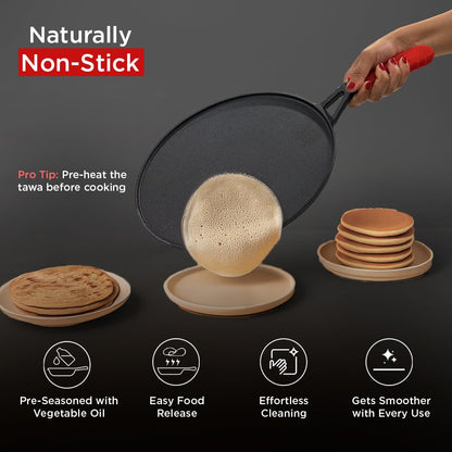 Pigeon Imperi Cast Iron Long Handle Tawa |  Pre-Seasoned with 100% Vegetable Oil | Naturally Non-Stick | Toxin Free |
