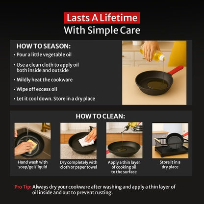 Pigeon Imperi Cast Iron Fry Pan |  Pre-Seasoned | Naturally Non-stick | 100% Healthy & Toxin-Free |