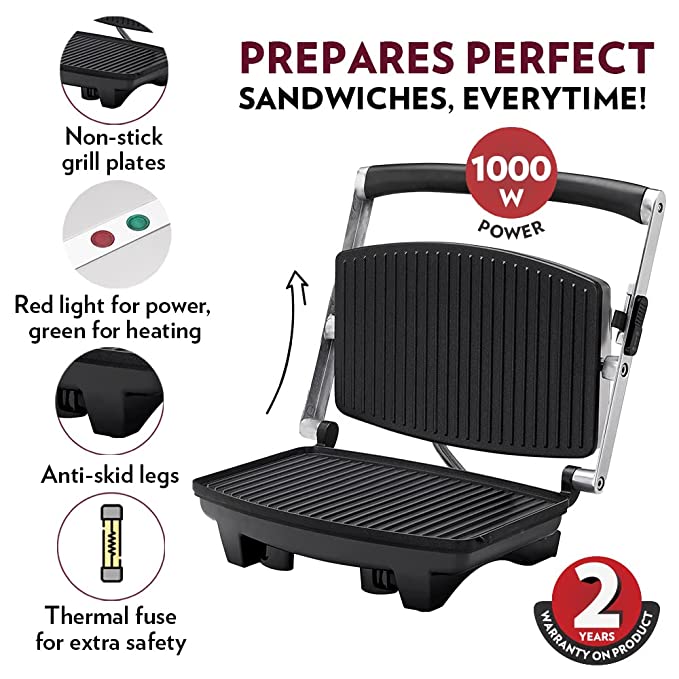 Buy Borosil Jumbo 1000-Watt Grill Sandwich Maker Slicer