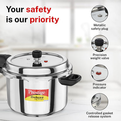 Prestige Stainless Steel Deluxe Alpha Pressure Cooker | 6.5 L | Outer Lid | 10 Year Warranty |