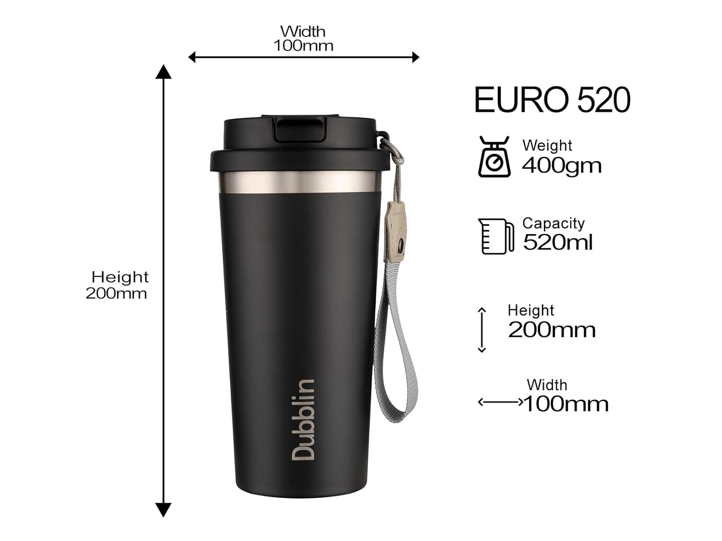 DUBBLIN Euro 500 ML | Insulated Travel Mug | Stainless Steel Tumbler with Lid | Fits Car Cup Holder