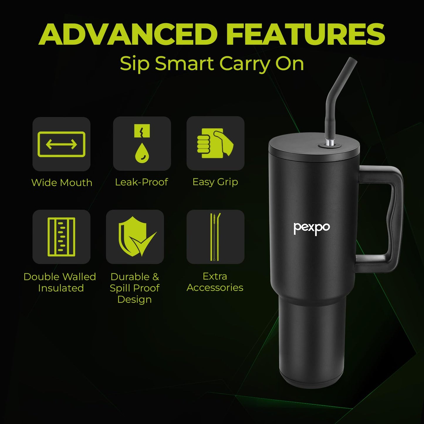 Pexpo Stainless Steel Tumbler with Handle | Stanzy Black | 1200ml |