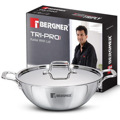 Bergner TriPro Triply Stainless Steel Kadai with Stainless Steel Lid | 24cm | Consumes Less Oil |Healthy Cooking |