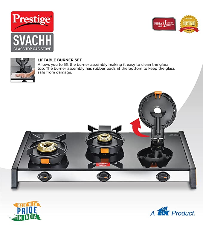 Prestige Svachh Glass top LP Gas Table, 3 Burner,