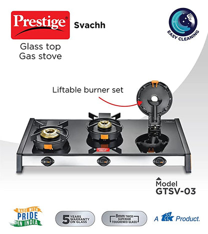 Prestige Svachh Glass top LP Gas Table, 3 Burner,