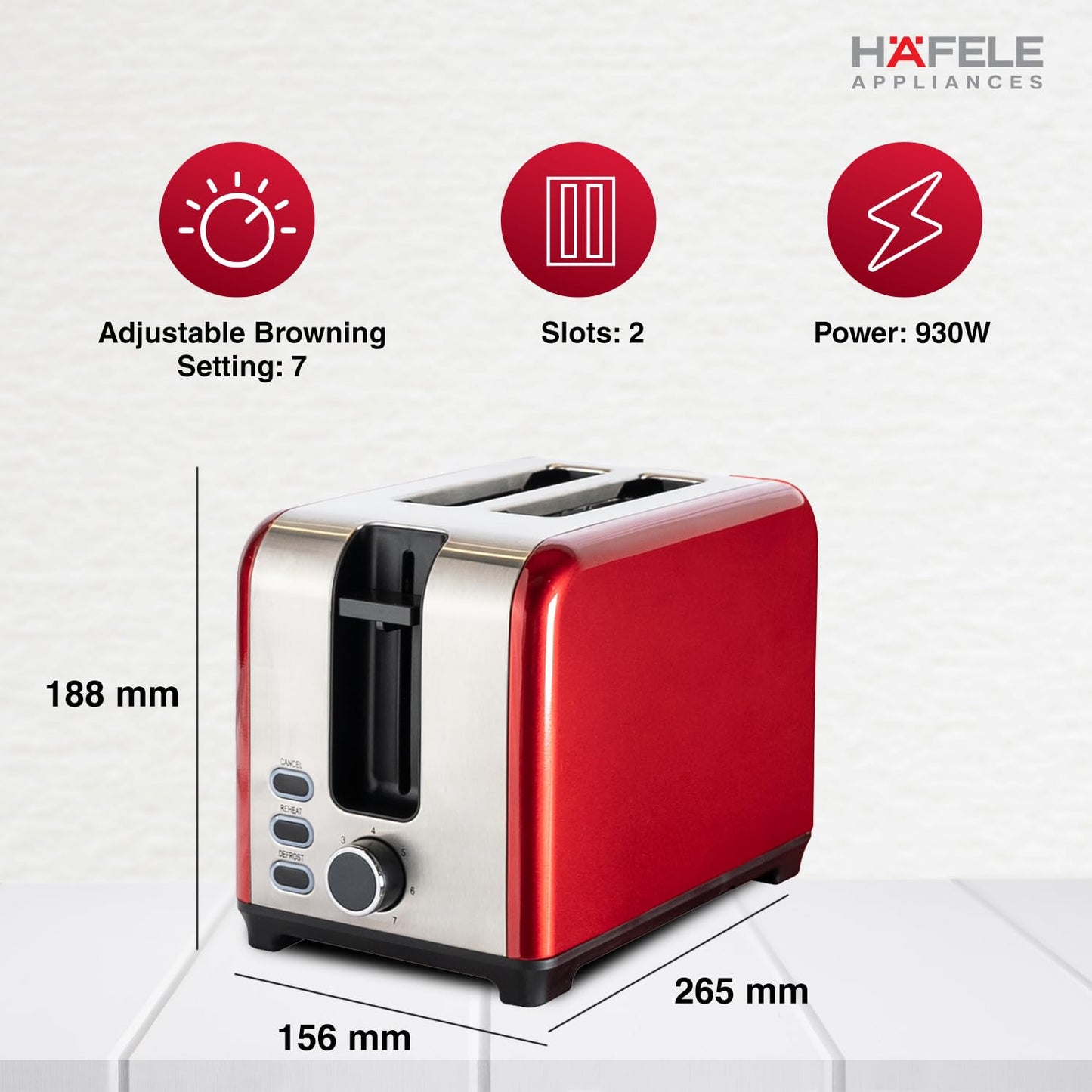 Hafele Amber | 2 Slice | Pop Up  | Electric Toaster | Red