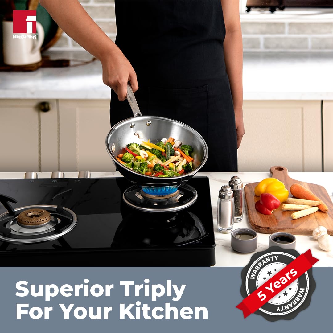 Bergner Argent Triply Stainless Steel Wok with Stainless Steel Lid | 22 cm | 2.2 L Kadai with Long Handle |