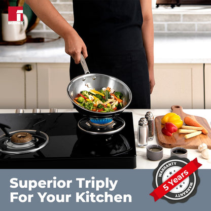 Bergner Argent Triply Stainless Steel Wok with Stainless Steel Lid | 22 cm | 2.2 L Kadai with Long Handle |