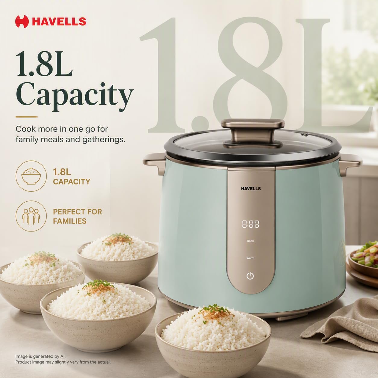 Havells Craft Rice Cooker | 1.8 L Capacity | 6 hour Keep Warm Mode |