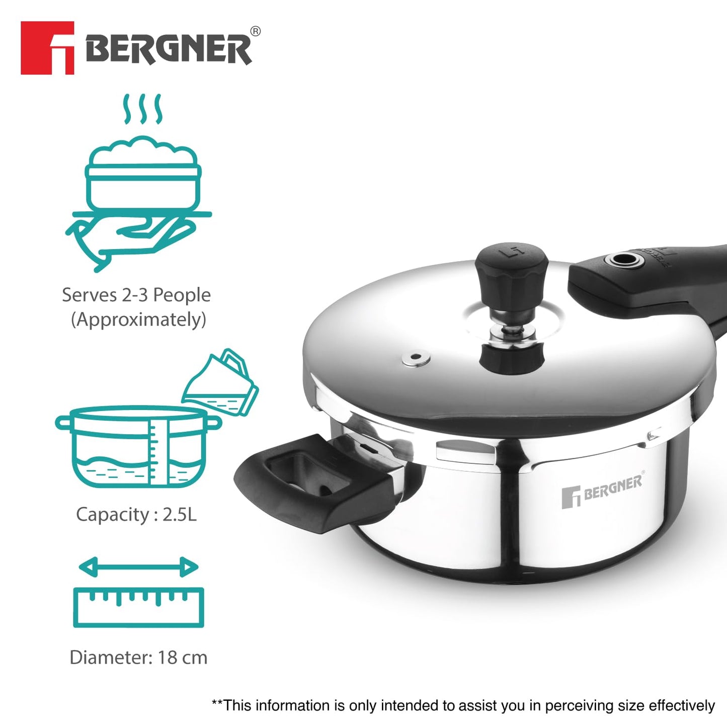 Bergner Argent Triply Stainless Steel Pressure Cooker | 2.5 Litres | Sturdy Handle |