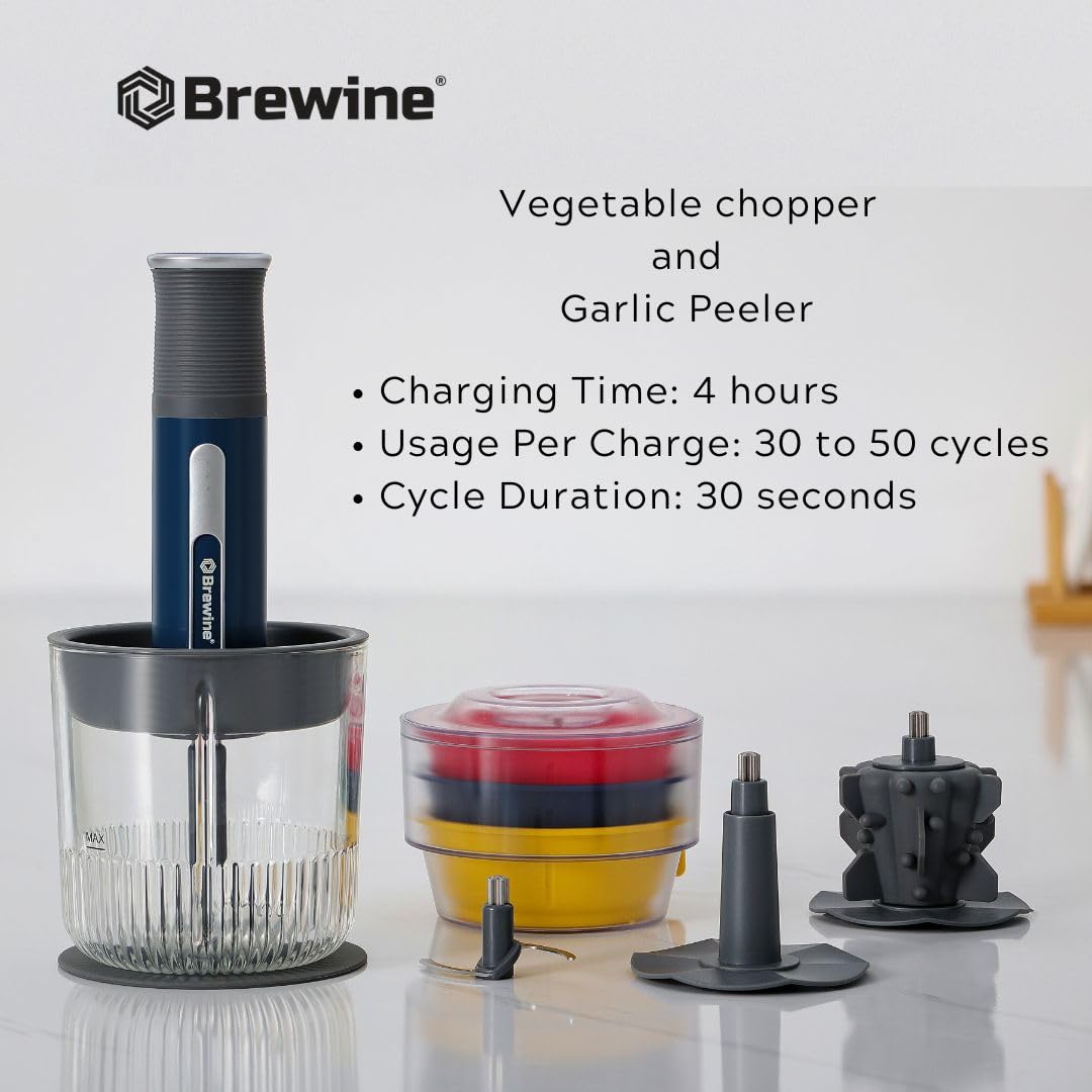 Brewine USB Cordless Vegetable Chopper & Garlic Peeler | 400 ml | 3 Mini Bowls Included |