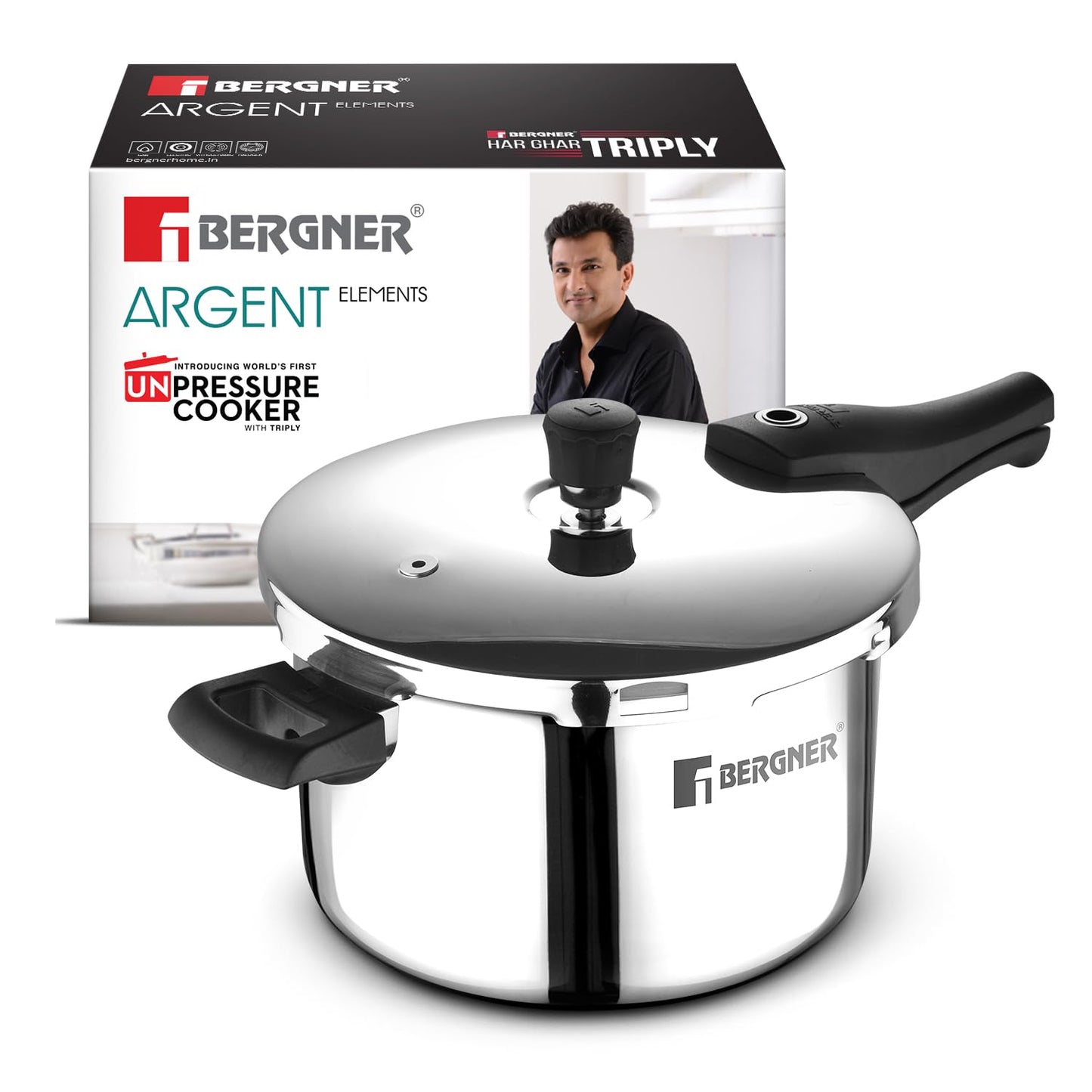 Bergner Argent Elements Triply Stainless Steel | 3.5 L | Outer Lid Pressure Cooker