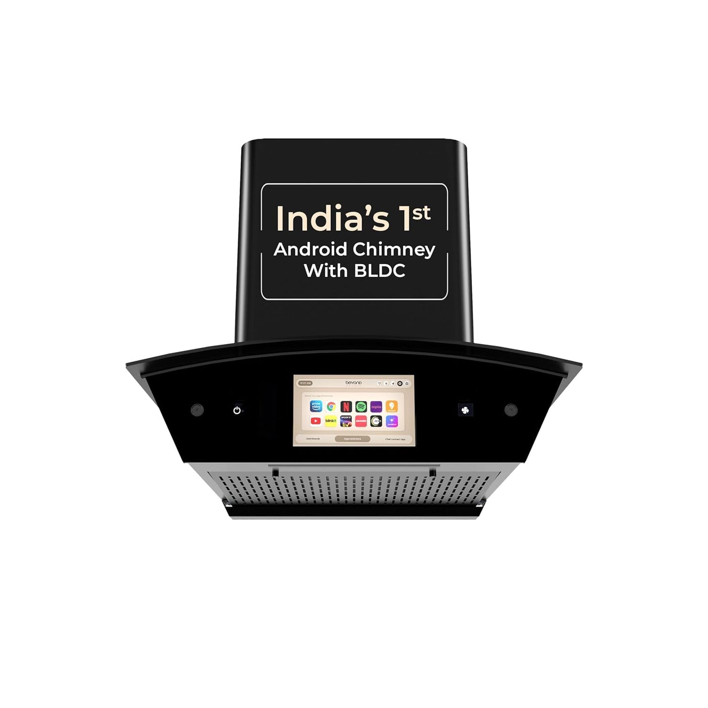 Beyond Appliances BLDC Asteria Auto Clean Kitchen Chimney | Filterless | Smart Screen & Speakers | Touch Control | Black |