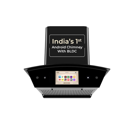 Beyond Appliances BLDC Asteria Auto Clean Kitchen Chimney | Filterless | Smart Screen & Speakers | Touch Control | Black |