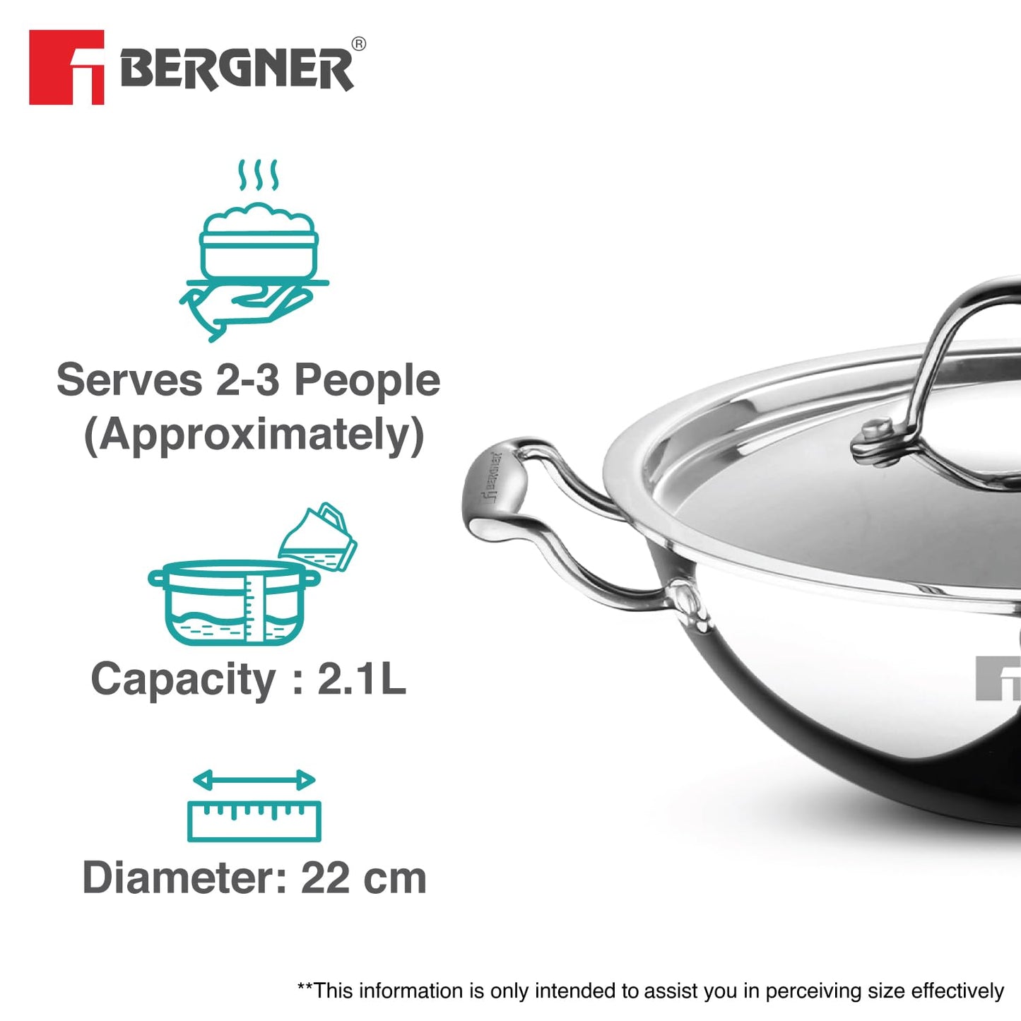 Bergner Argent Kadai with Stainless Steel Lid | 22 cm | 2 L | Even and Faster Heating |