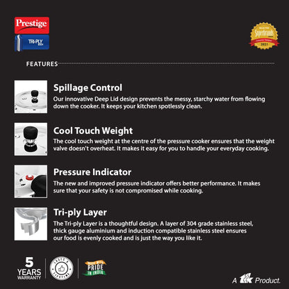 Prestige Triply Svach Pressure Cooker | 2 Litre | ISI Certified | 5 Years Warranty |