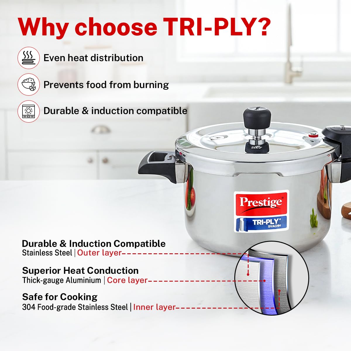 Prestige Triply Svach Pressure Cooker | 3 Litre | ISI Certified | 5 Years Warranty |