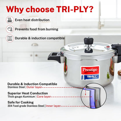 Prestige Triply Svach Pressure Cooker | 3 Litre | ISI Certified | 5 Years Warranty |